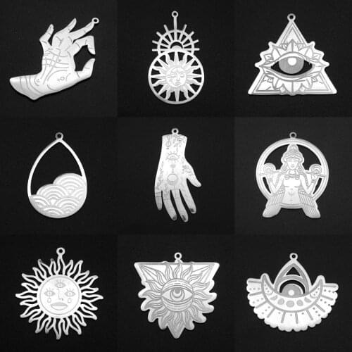 5Pcs 2021 New Stainless Steel Sun Hand Evil Eye Moon Phase Cat Pendants Charms For DIY Bracelet Necklace Earring Dangle Jewelry
