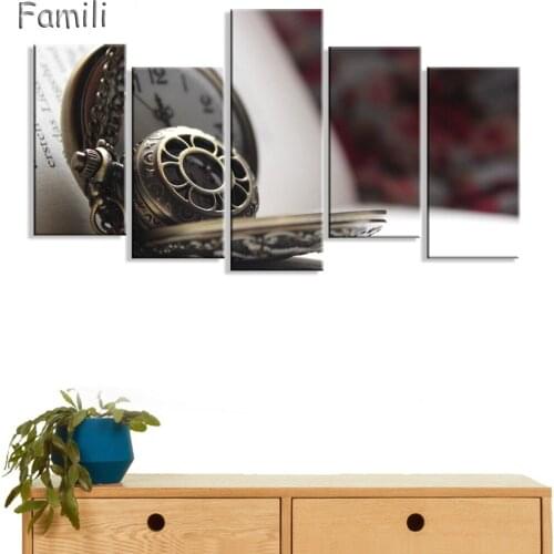 5pcs Canvas Poster Vintage Pocket Clock Time Minute Watch Elegant Style Ancient Map Still Life Room Home Wall Modern Art Decor