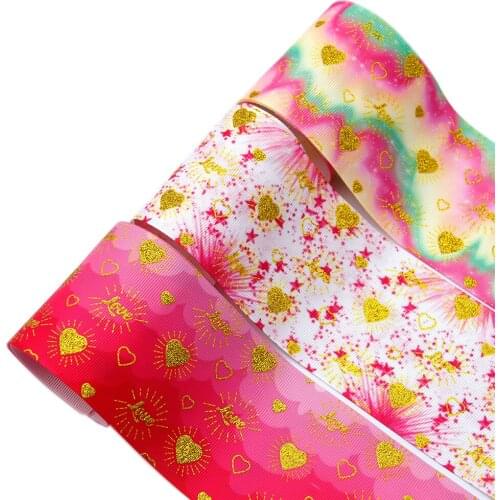 David accessories 50yards/roll 38/75mm Love Heart Gold Foil Grosgrain Ribbon DIY Bow Crafts Supplies Packing Ribbons,50Yc9818