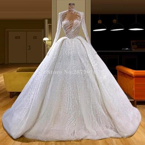 Illusion Arabic Long Sleeves Ball Gown Evening Dress Floor-Length Prom Dress Beaded Sequins Formal Dress Celebrity Dress Dubai