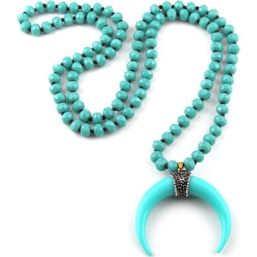 Free Shipping Fashion Glass Crystal Long Knotted Ox Horn Moon Pendant Necklace Women Lariat Necklaces