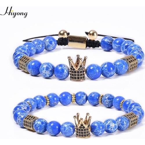 HIYONG 8mm Blue Emperor Stone Bracelet Natural Stone Beads Bracelets Handnade CZ Crown Bracelet High Quality Couple Jewelry Gift