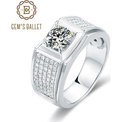 GEMS BALLET 6.5mm 1.0Ct Moissanite Diamond Rings For Men 925 Sterling Silver Classic Engagement Wedding Ring Fathers Day gift