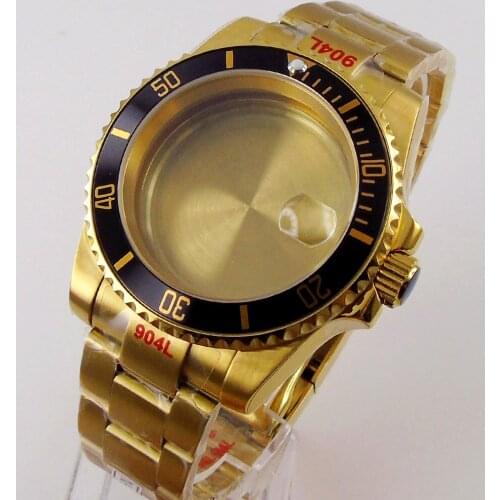 40mm Watch Case Glide Lock Oyster Bracelet Gold Marks Insert Solid Back Fit NH35A NH36A ETA2836 MIYOTA Yellow Gold Plated