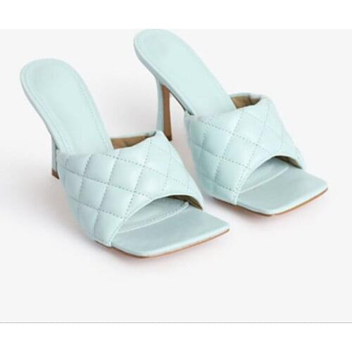 DDYZHY Women Open Toe Shoes High Quality Gingham Leather Soft Slippers Summer Casual Sandals Fashion Stiletto Heels Size 35-42