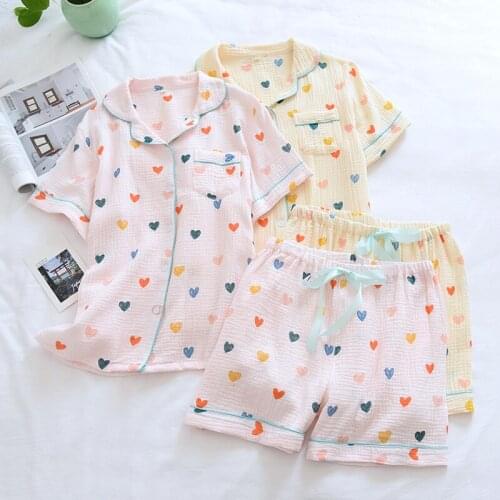 Summer Thin Lapel Plus Size Home Clothes Cotton Double-layer Gauze Washed Crepe Short-sleeved Shorts Cute Night Wear Women Suit