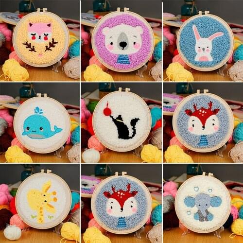 Cute Animal Punch Needle Starter Embroidery Kits Soft Yarn Punch Needle Embroidery Kit Cartoon Animals Pattern Easy Embroidery