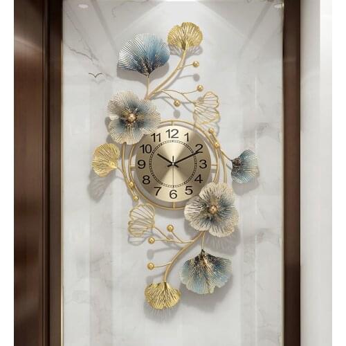 Chinese Luxury Ginkgo Leaf Wrought Iron Wall Clock Decoration Home Livingroom Wall Mural Artwork Porch Hotel Wall Sticker Crafts