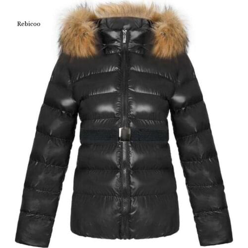Parka Coat Women Jacket Casual Padded Pu Leather Jacket Solid Hooded Long Sleeve Zip-Up Thick Warm Short Coat with Belt