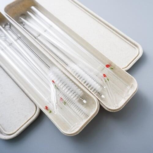 3pcs/Set Reusable Printed Glass Straws+2 pcs Cleaner Brush With Carry Portable Case