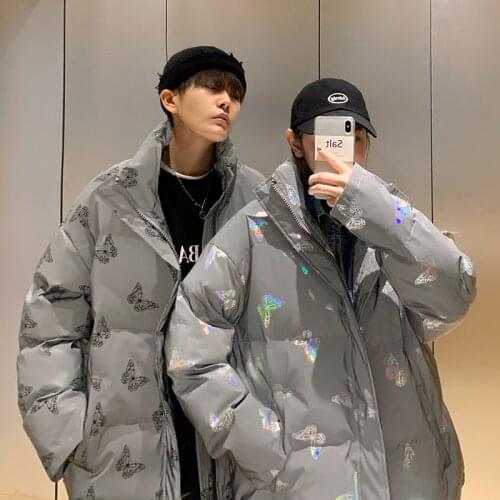 Man&woman Harajuku Shiny Reflective Jackets Coats Men Parkas Winter Shiny Padded Thick Warm Coat Thick Butterfly flower Parka