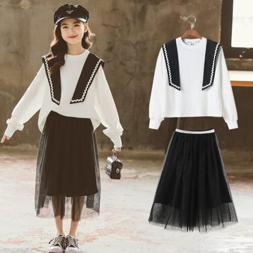 Autumn Girls Sets Shirts and Mesh Skirt 2 Pcs Suit Boutique Kids Clothing Set for Teen Girl Children Clothes 4 6 8 10 12 14 16Y