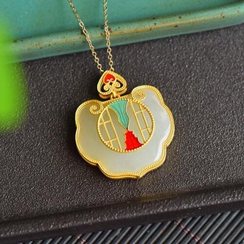 Hetian Jade Necklace Female Clavicle Chain Sterling Silver New Style Safety Lock Lock of Good Wishes Pendant Female Jade Sweater
