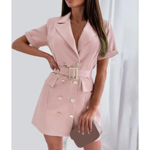 Lapel Slim Belt Short Sleeve Dress Summer Office Lady Solid A-Line Party Dresses Women Sexy Elegant Double-Breasted Suits Dress
