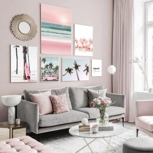 Pink Beach Flamingo Palm Tree Surfboard Wall Art Canvas Painting Nordic Posters And Prints Wall Pictures For Living Room Decor