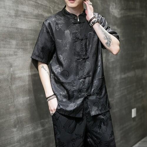 Chinese Style Shirt Black White QiPao Ancient Style Large Size Short Sleeves Long Trousers Men Tang Suit Summer Chinese Clothing