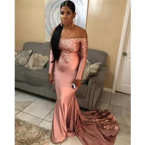 Blush Mermaid Prom Dresses Off Shoulder Long Sleeve Sweep Train Lace Sequined Formal Evening Party Gowns abiti da sposa vestidos