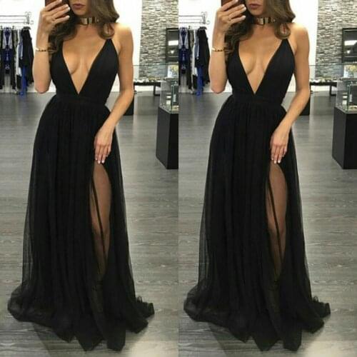 Vkbridal Sexy Deep V-Neck Black Tulle Prom Dresses with Slit Long Party Dresses Criss-cross Back Formal Evening Gowns for Women