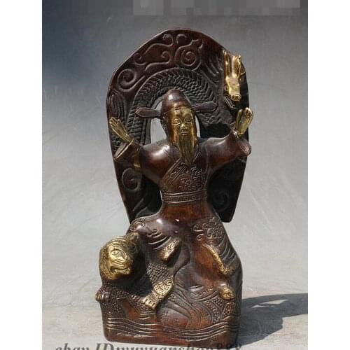 10" Old Chinese Bronze Gilt The King of Medicine Sun SiMiao Tiger Dragon Statue