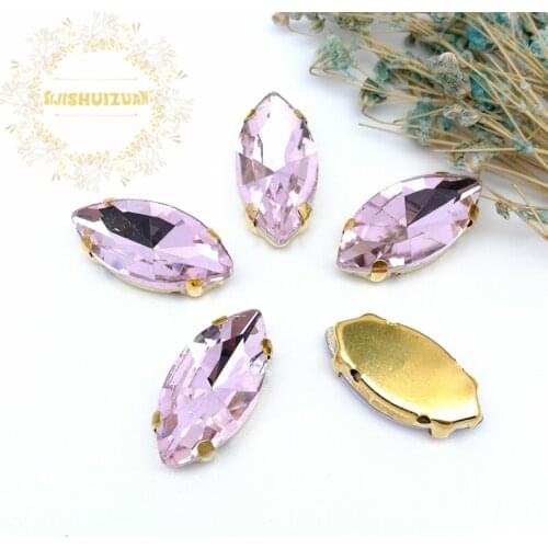 Classic style Pink horse eye shape Glass Crystal sew on rhinestones with gold claw Diy shose Free shipping