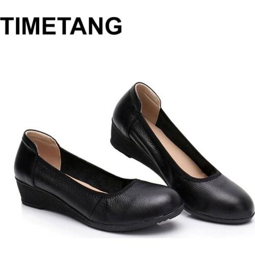 TIMETANGCow leather wedges shoes women slip on round toe ladies high heel pumps party comfort office lady work wedding shoes