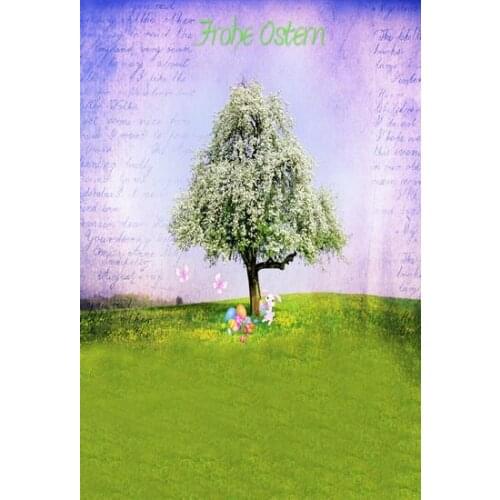 TR Green Grass White Flower Tree Backdrop Photography Background Vinyl Studio Easter Color Eggs Rabbit Butterfly Photo Backdrops