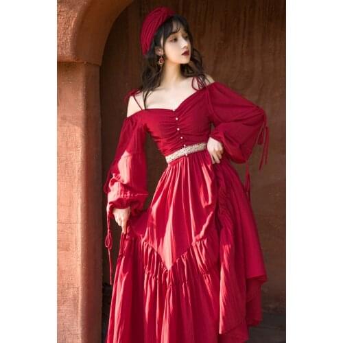Vintage Women Claret Long Beach Dress For Holiday Retro Lantern Sleeve Slash Neck Princess Dresses Vestido Festa Robe Rouge