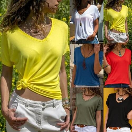 Plus Size Solid Color Casual Womens Summer Top Short Sleeve V Neck T-Shirt Basic Cotton T-Shirt Women Summer Casual Cotton Tops