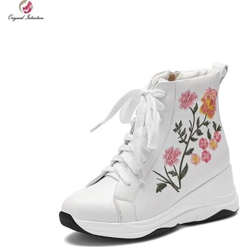 Original Intention Fashion Sports Style Round Toe Wedges Lace-up Ankle Boots Elegant Embroider White Shoes Woman Size 4-9