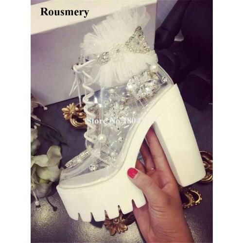 Beautiful Ladies White Rhinestone Lace-up High Platform PVC Short Boots Lace Mesh Pearls Crystal Thick High Heel Ankle Booties