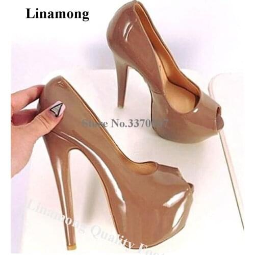 Linamong Brand Design Peep Toe High Platform Stiletto Heel Pumps Patent Leather Brown Nude Black Super HIgh Heels Dress Shoes