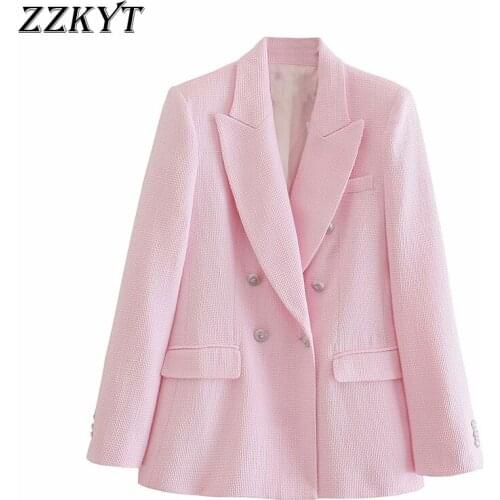 ZZKYT 2021 Women Autumn Fashion Tweed Double Breasted Blazers And Jackets Vintage Lapel Collar Pockets Office Lady Female Coat