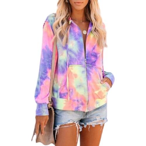 Women Long Sleeve Hooded Coat Neon Colorful Tie-Dye Print Full Zip Up Sweatshirt Casual Loose Drawstring Jacket Pockets