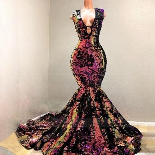 Sexy V-Neck Mermaid Colorful Sequin Prom Gowns Slim Design Evening Dress for African Style Cusotmized Made