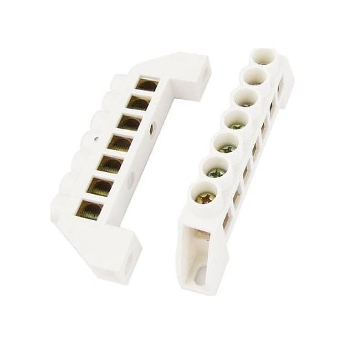 2 Pcs 7 Holes Ground Wire Row Copper Tone Screw Terminal Block White