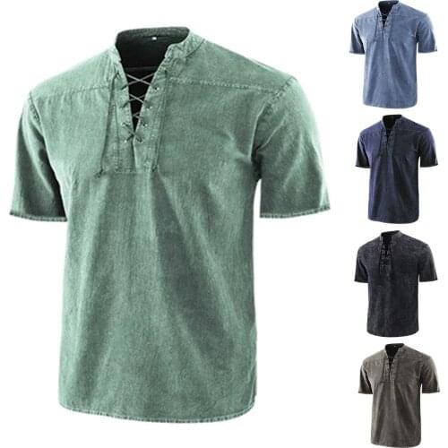 2021 Mens Shirts Casual V-Neck Vintage Lace-up Tie Short Sleeve Gothic T-Shirt Plus Size Shirts For Mens camisas de hombre