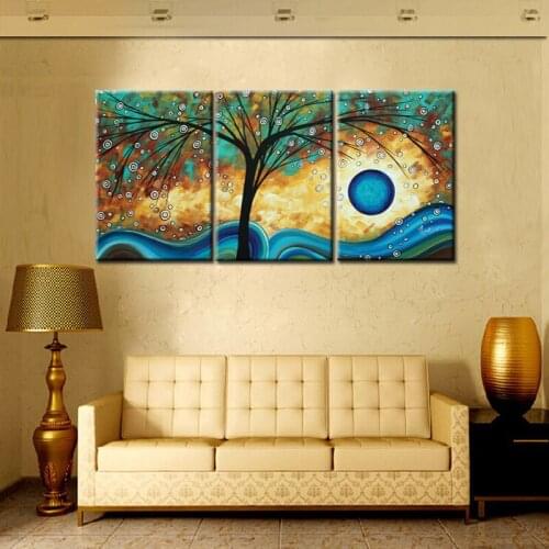 3Panel HD Print Abstract Tree Creativity Blue Sunset Oil Painting on Canvas Wall Art for Living Room Sofa Modular Cuadros Decor