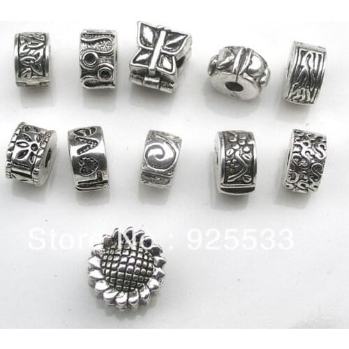 Free shipping 55pcs/lot antique silver plated copper stopper beads mix styles fit European DIY bracelet jewelry