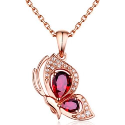 FYSL Rose Gold Color Butterfly Shape Red Crystal Pendant Link Chain Necklace with Cubic Zirconia Jewelry