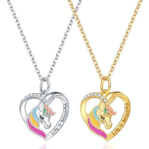 2020 Fashion Purple Colorful White Crystal Unicorn Metal Pendant Chain Necklace Women Girl Jewelry Gift