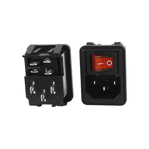 2 Pcs 4 Pin DPST Red Light Rocker Switch IEC320 C14 Power Socket AC 10A 250V