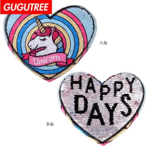 GUGUTREE embroidery Sequins big unicorn patch love heart patches badges applique patches for clothing JW-150