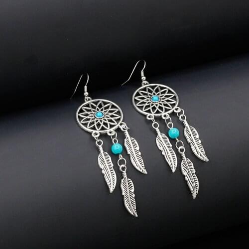 ISINYEE Fashion Antique Dream Catcher Dangle Earrings For Women Girls Vintage Tibetan Silver Leaf Tassel Friendship Jewelry