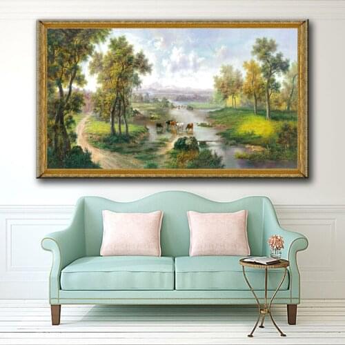 Classical farmers cow river tree landscape canvas printings oil painting printed on canvas home wall art decoration pictures