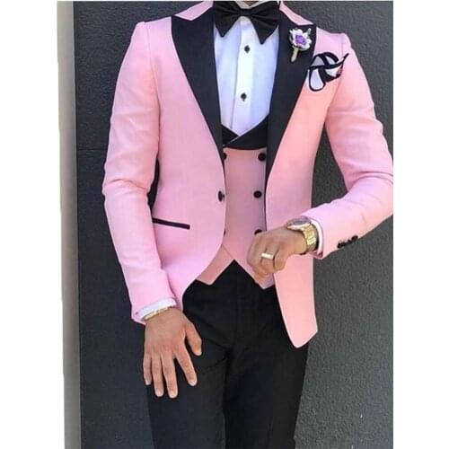 Pink Men Suit smolking noivo Tight terno slim fit suit for man groom masculino 3 Piece mens suits (jacket Pants Vest)
