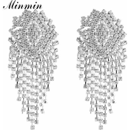 Minmin Statement Gold Crystal Big Long Tassel Drop Earrings for Women Luxury Rhinestone Earrings Fashion Jewelry 2019 EH1246