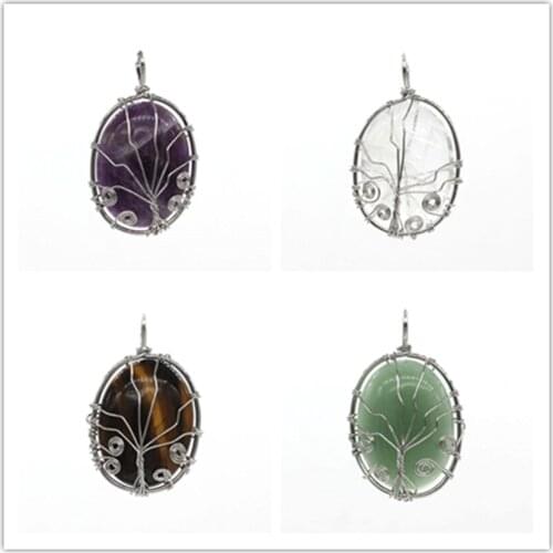 Trendy-beads Silver Plated Wire Wrap Oval Shape Tiger Eye Stone Pendant Rock Crystal Jewelry