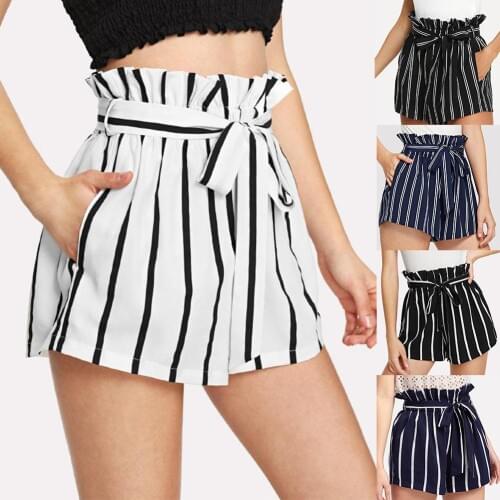 Fashion Summer Beach Party Clothing Shorts Women Striped Belted Ruffled Elastic High Waist Casual Streetwear Shorts Hot Pants