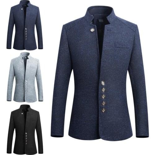 Fashion Men Stand Collar Suit Jacket Slim Single Breasted Business Blazer Coat