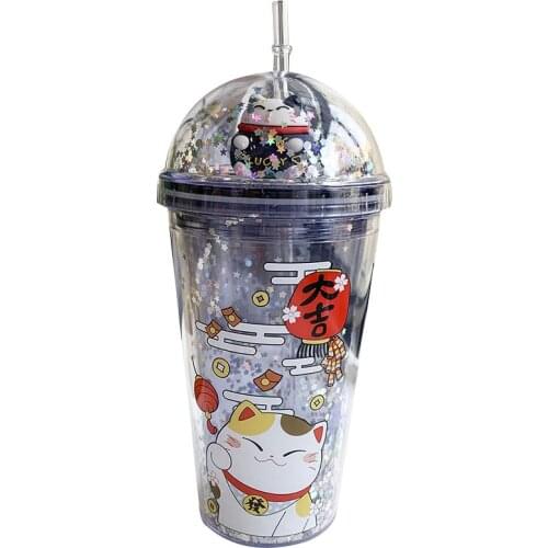 Cartoon Straw Plastic Cup With Lids Straws Double Sequin Cup Portable Exercise Straw Cup Creative Fashion Portable Cat Doll Mug